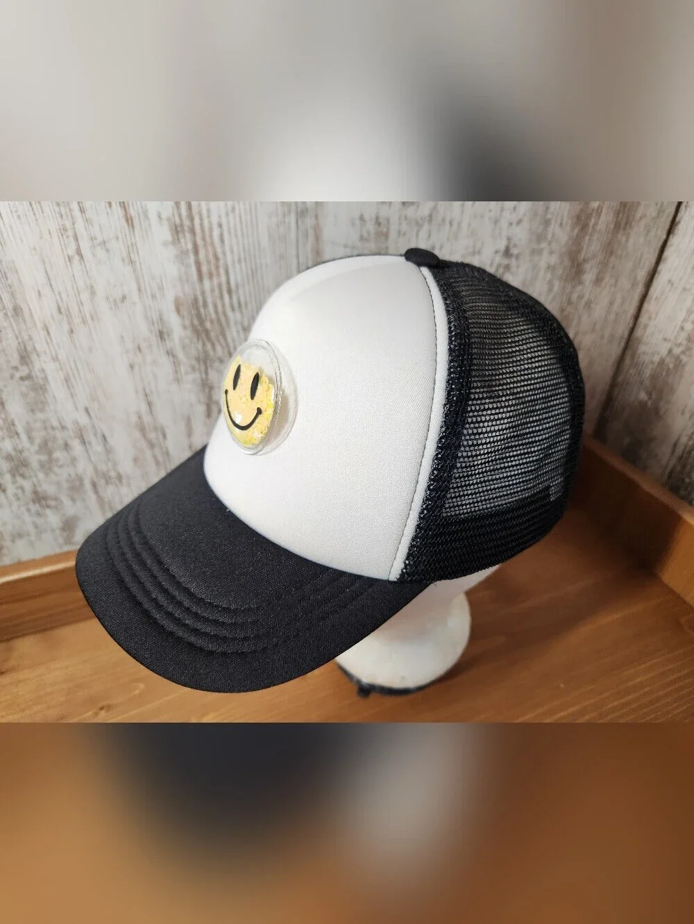 Fun Happy Black & White Trucker Hat with Yellow Sequin Pin Smiley Face Smile 😃